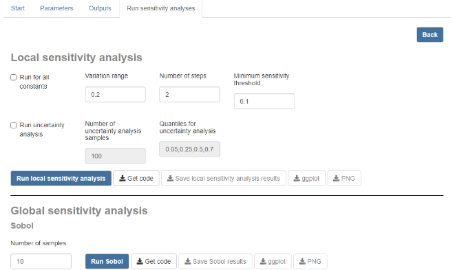 The four tabs of the accompanying R Shiny app graphical user interface to the OSP Global Sensitivity package.